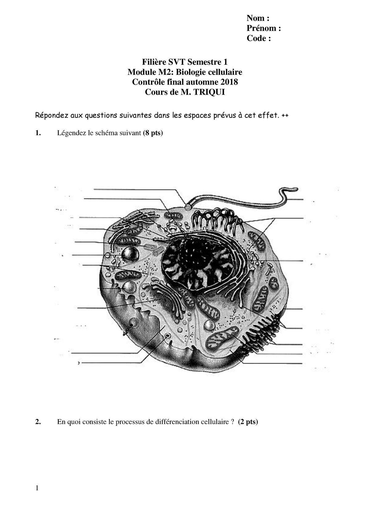 Controle Final Biologie Cellulaire 2018-2019 - Filière SVT Semestre 1 ...