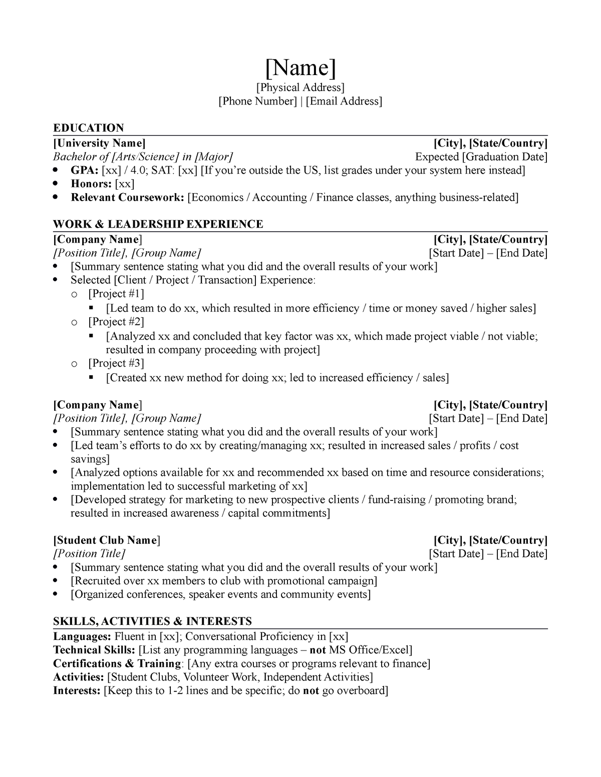 University Student Investment Banking Resume Template - [Name ...