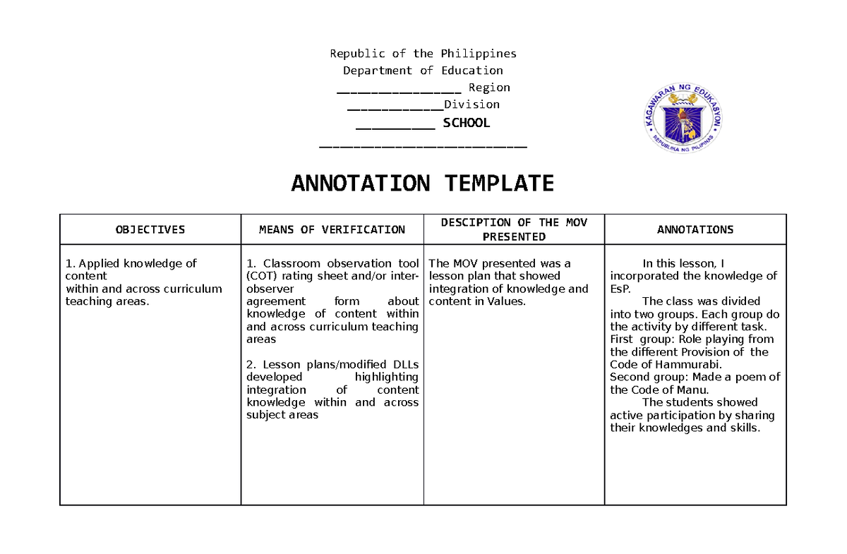 Template Annotation ANNOTATION Department Of Education