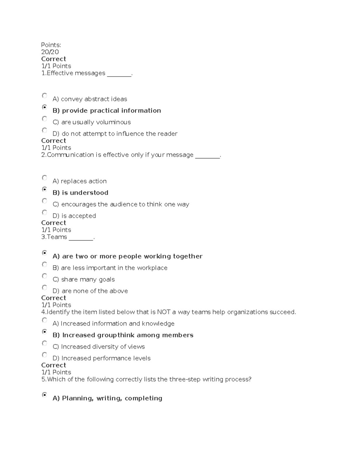 Quiz Business Communication Chapter 1-10 - Points: 20/ Correct 1/1 ...