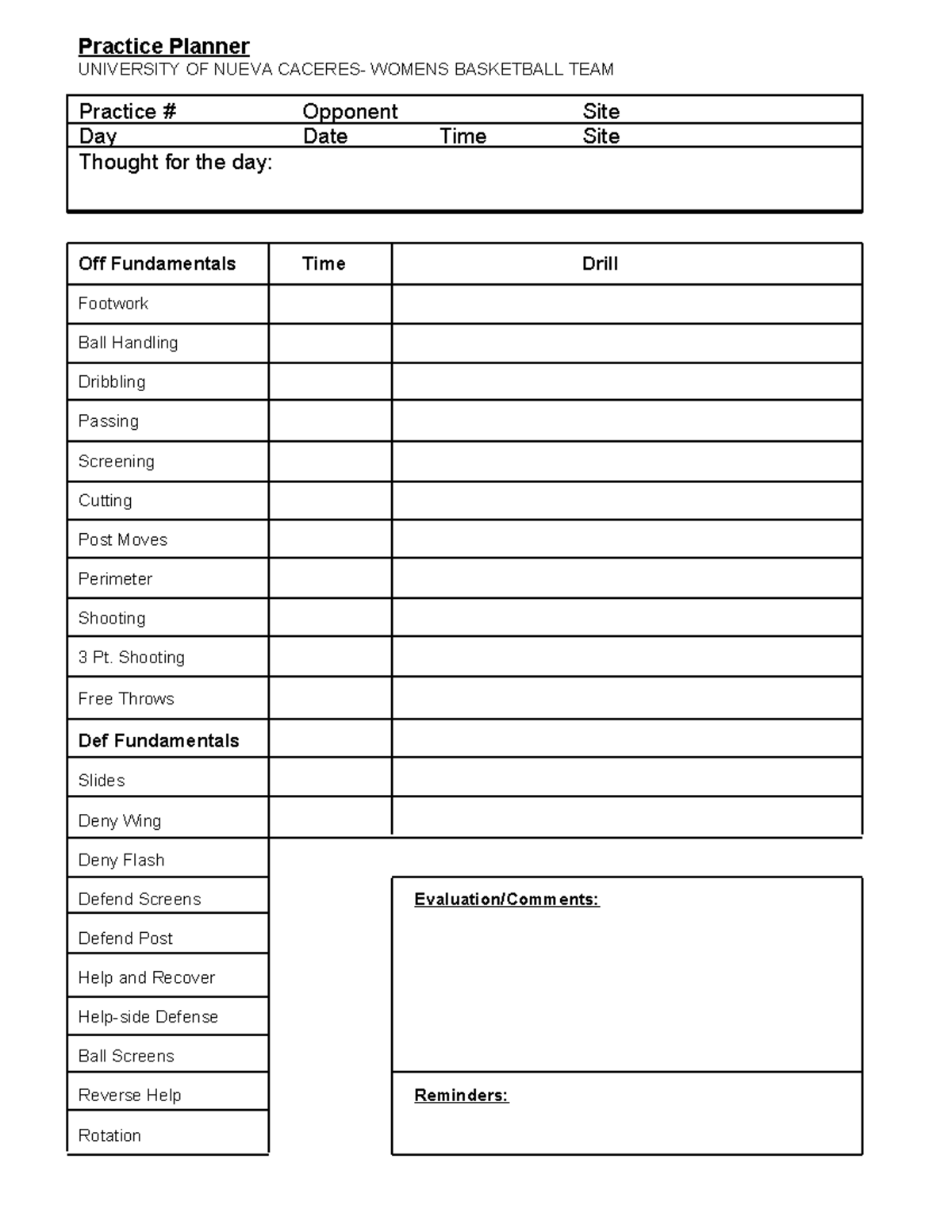 Practice Planner - Practice Planner UNIVERSITY OF NUEVA CACERES- WOMENS ...