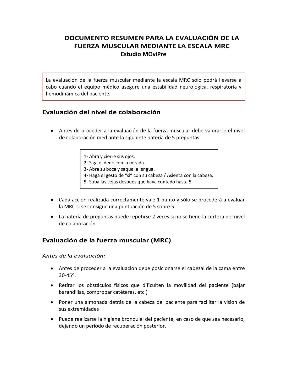 MRC - Kkkk - DOCUMENTO RESUMEN PARA LA EVALUACI”N DE LA FUERZA MUSCULAR ...