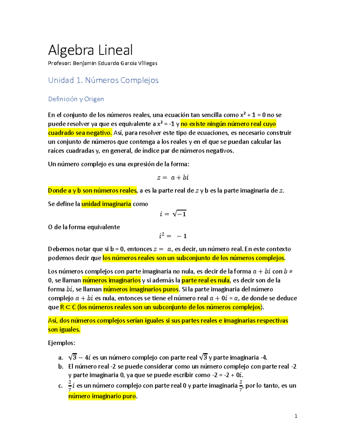 Algebra Lineal 1 - Algebra Lineal Profesor: Benjamín Eduardo García ...