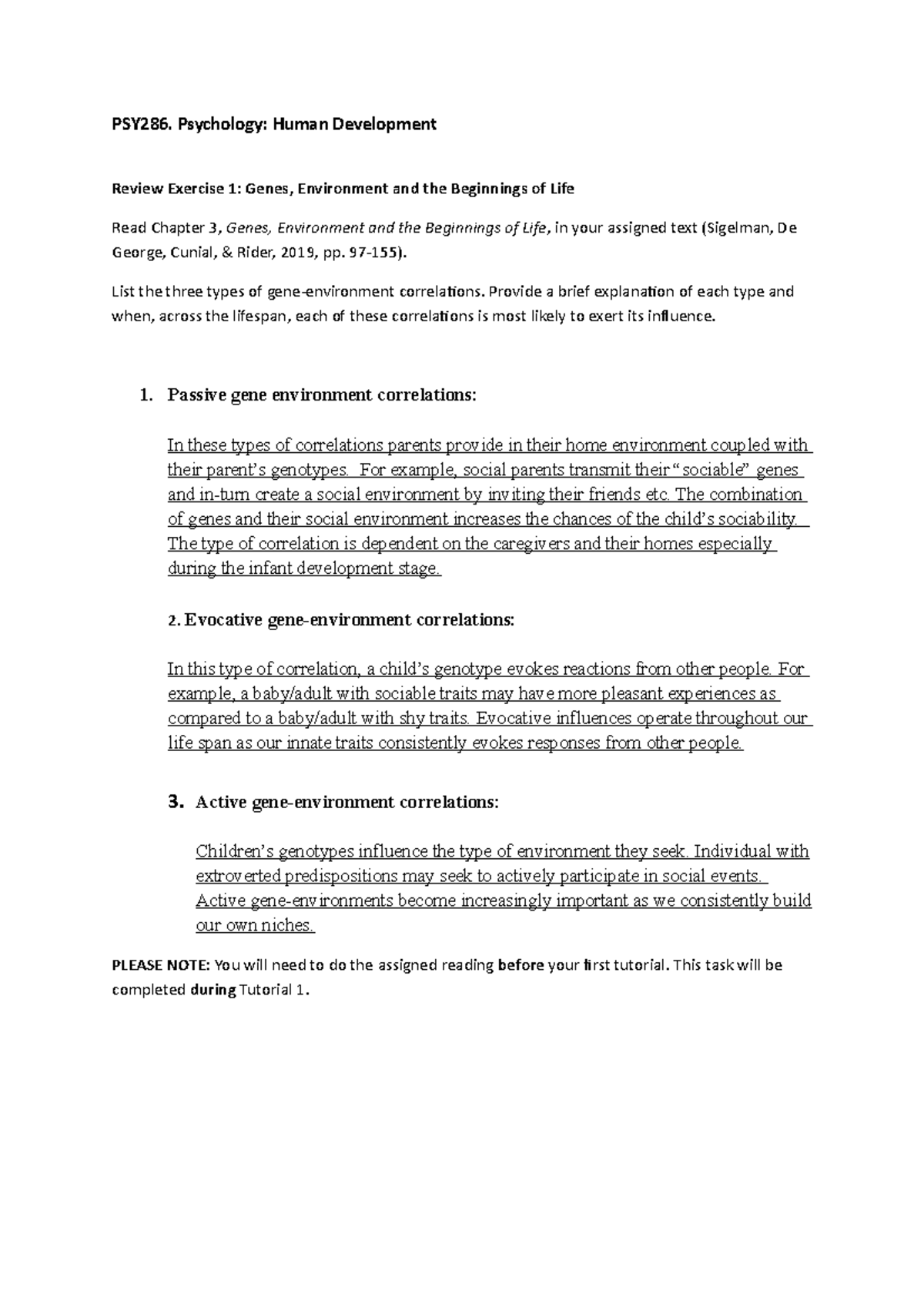 Review Exercise 1 - Notes - PSY286. Psychology: Human Development ...