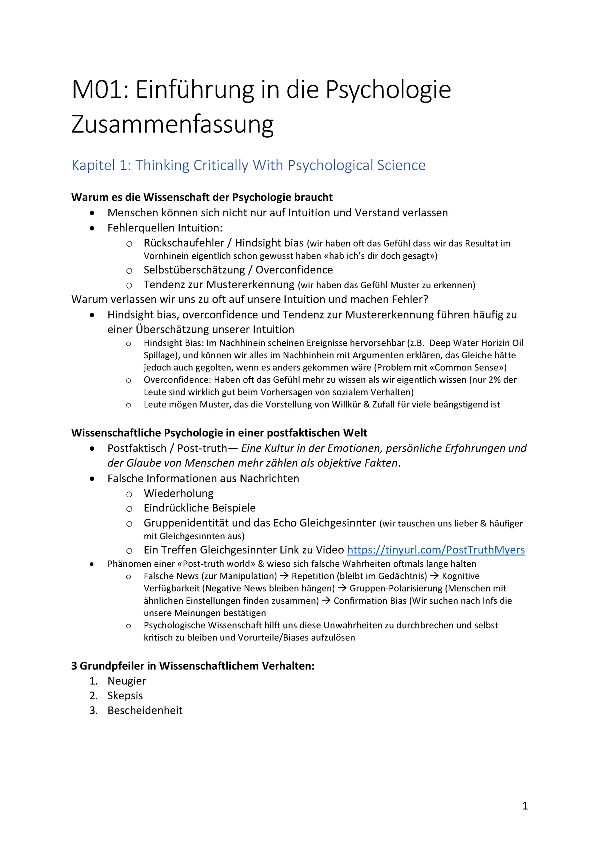 M01 Zusammenfassung Komplett - M01: Einführung In Die Psychologie ...