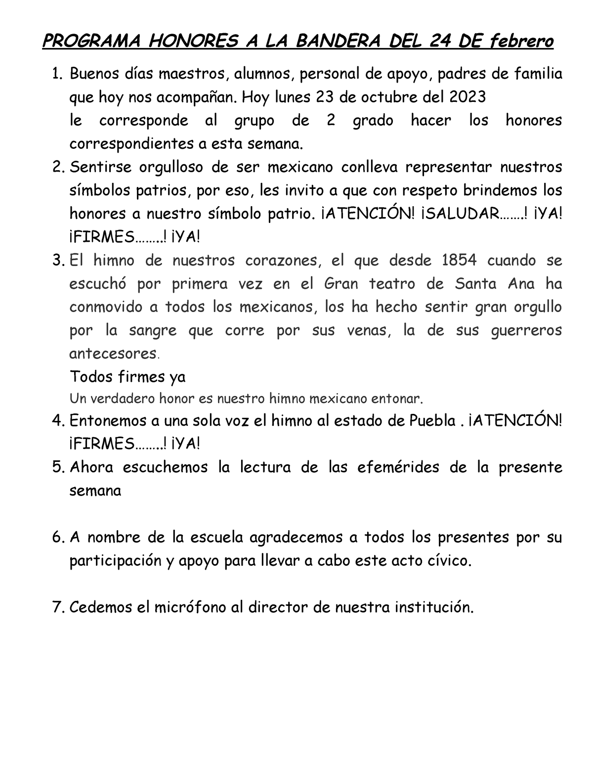 Programa Honores A LA Bandera DEL 20 DE Noviembre - PROGRAMA HONORES A ...