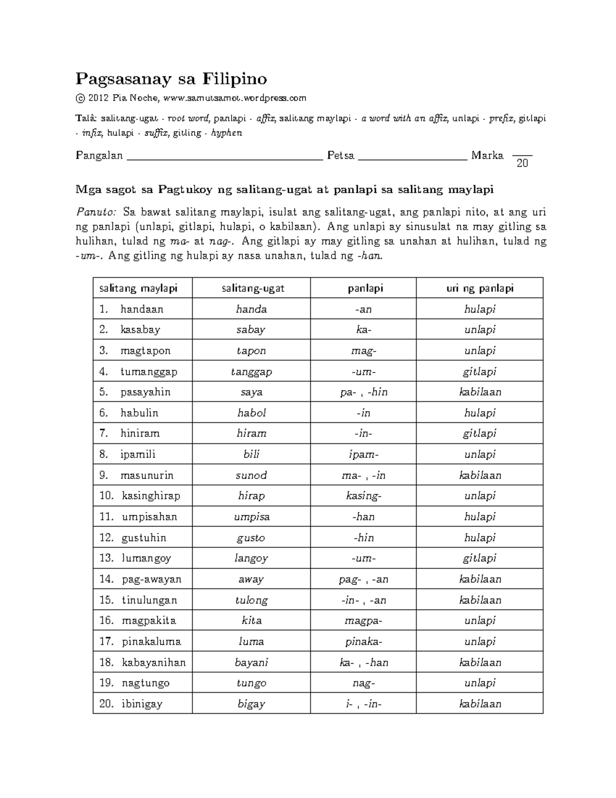 Mga-sagot-sa-salitang-maylapi 1-1 - Pagsasanay sa Filipino © c 2012 Pia ...