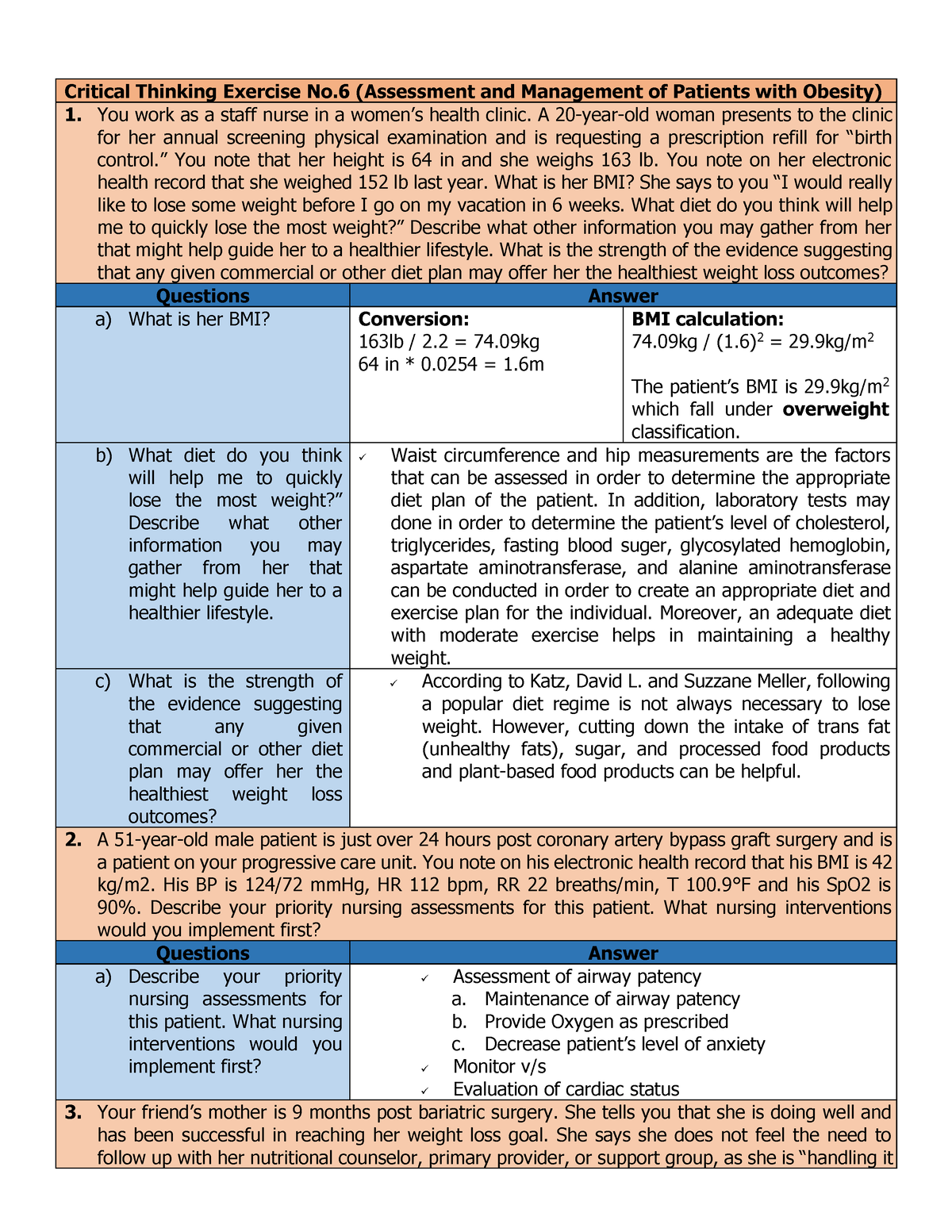 Assessment And Management Of Patients With Obesity You Work As A