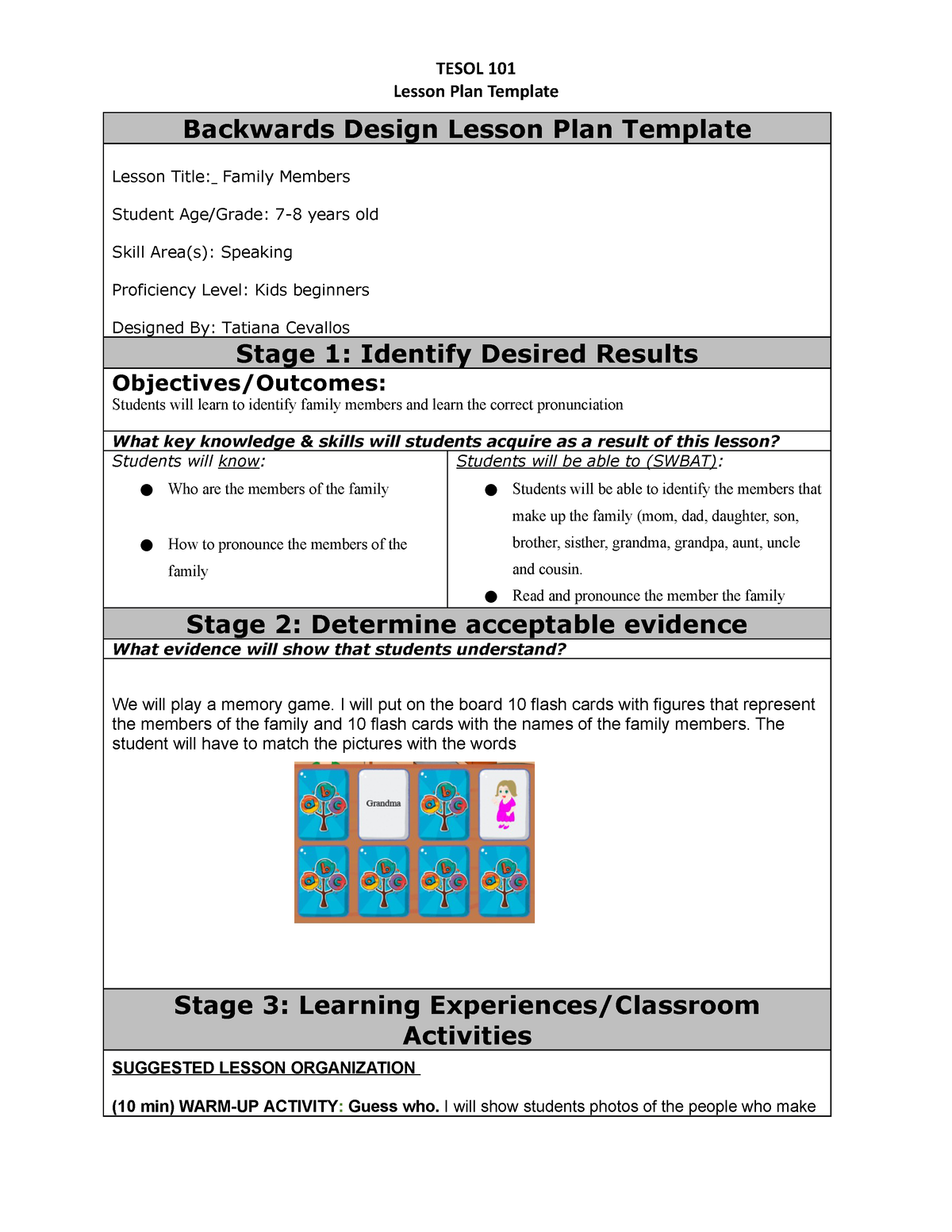 Tesol 101 document lesson Plan Template 2 family members TESOL 101