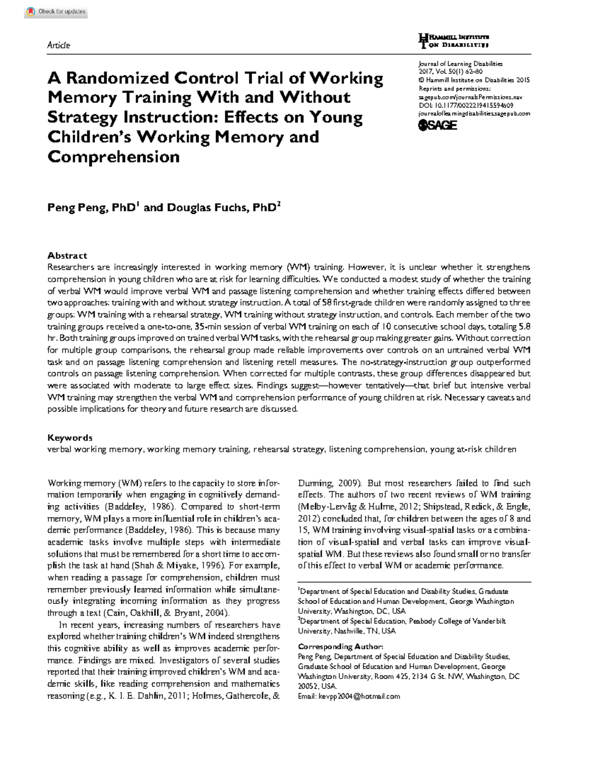 A Randomized Control Trial of Working Memory Training With and Without ...