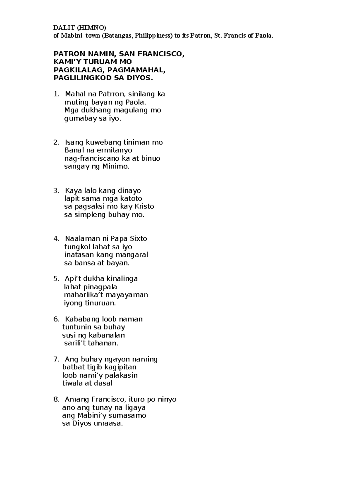 Himno Tagalog - DALIT (HIMNO) of Mabini town (Batangas, Philippiness ...