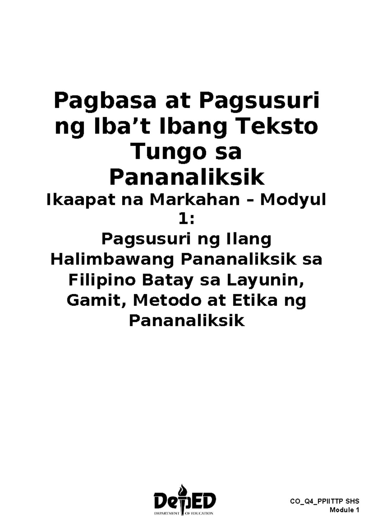 M1 - PAGBASA AT PAGSUSURI MODULE 1 - 1 CO_Q4_PPIITTP SHS Pagbasa at ...