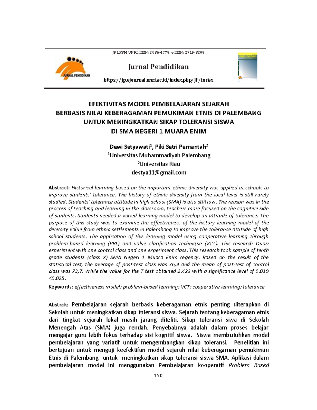 JP Unri Efektivitas Model Pembelajaran Sejarah - JP LPPM UNRI, ISSN ...