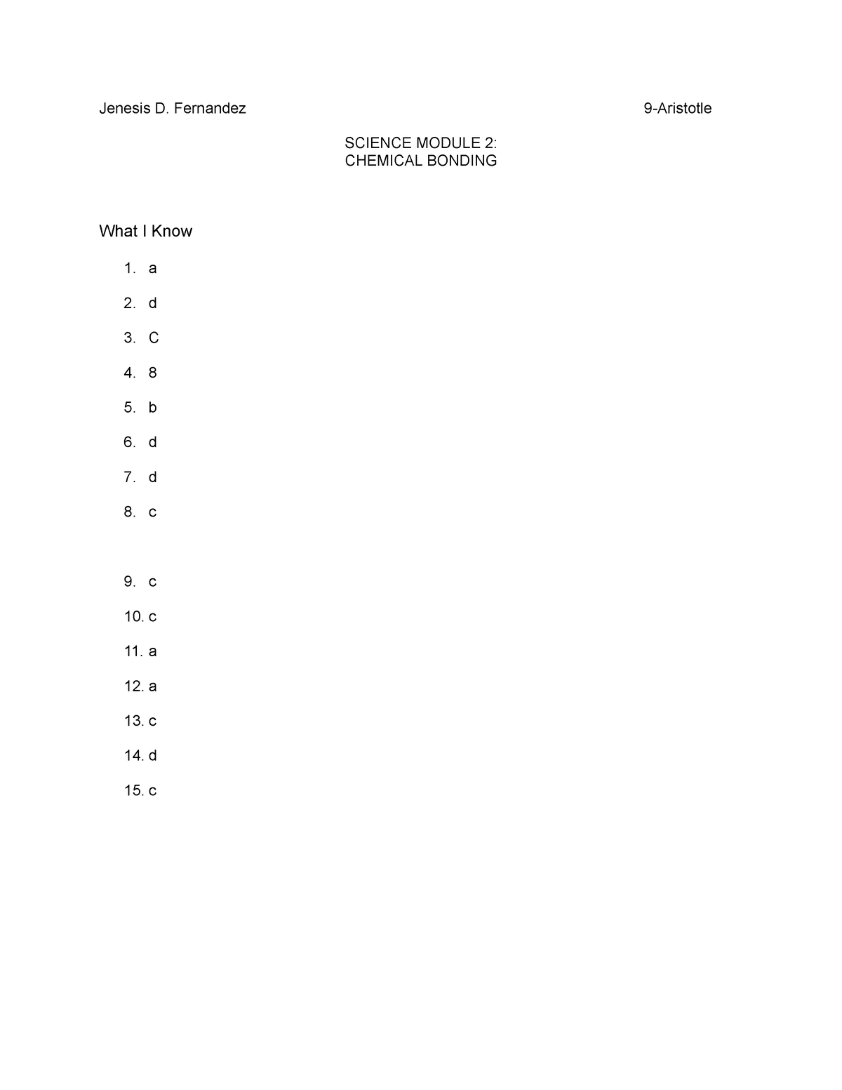 Science Key Answers Jenesis D Fernandez 9 Aristotle Science Module 2chemical Bonding What 9884