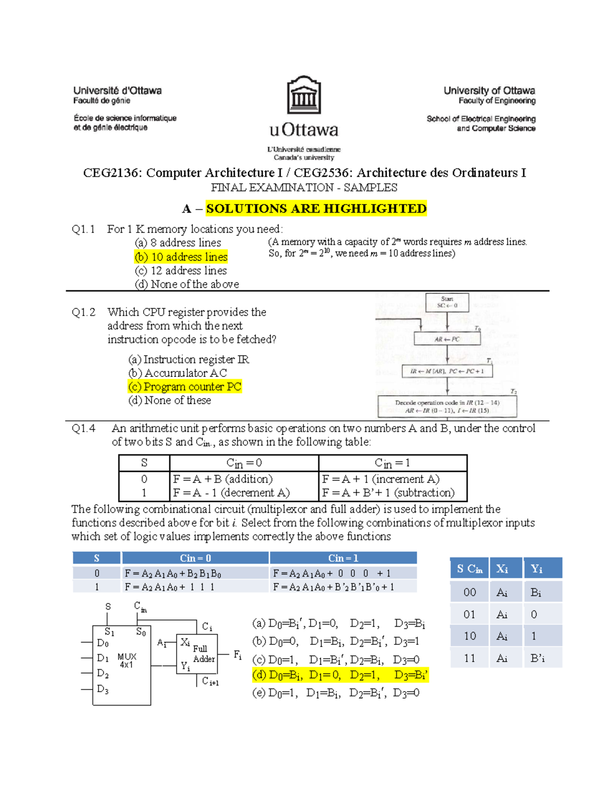 Final Exam 2018, questions and answers - CEG2136: Computer Architecture ...