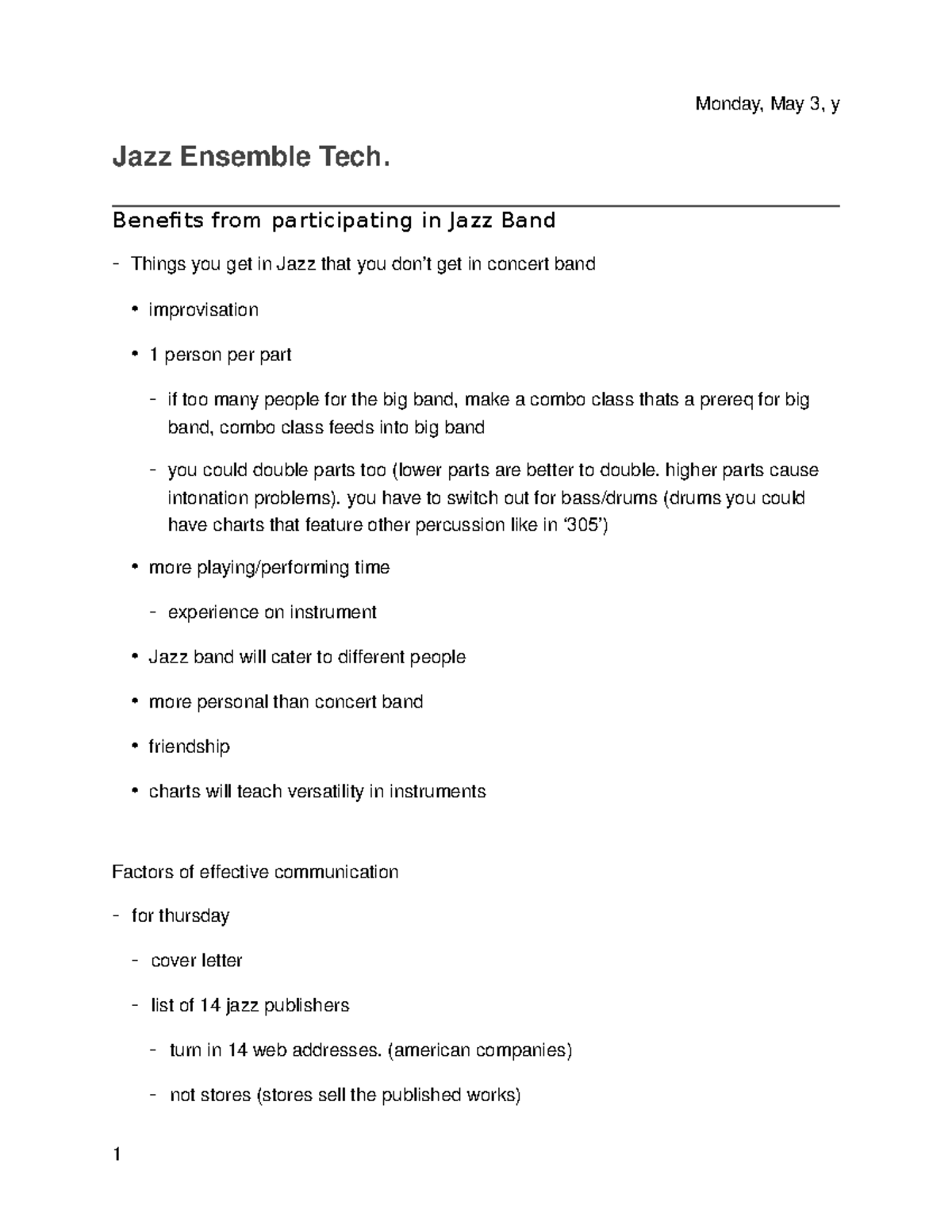 Jazz tech notes - Jazz Ensemble Tech. Benefits from participating in ...