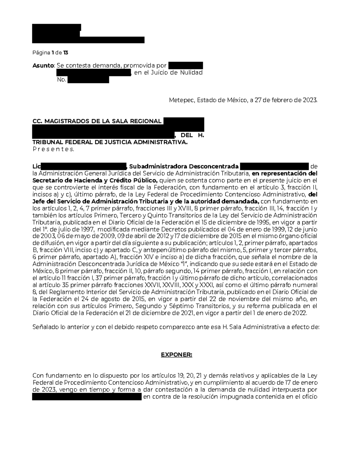 Contestación DE Demanda Juicio DE Nulidad - RFC Exp-2-2023-01 ...