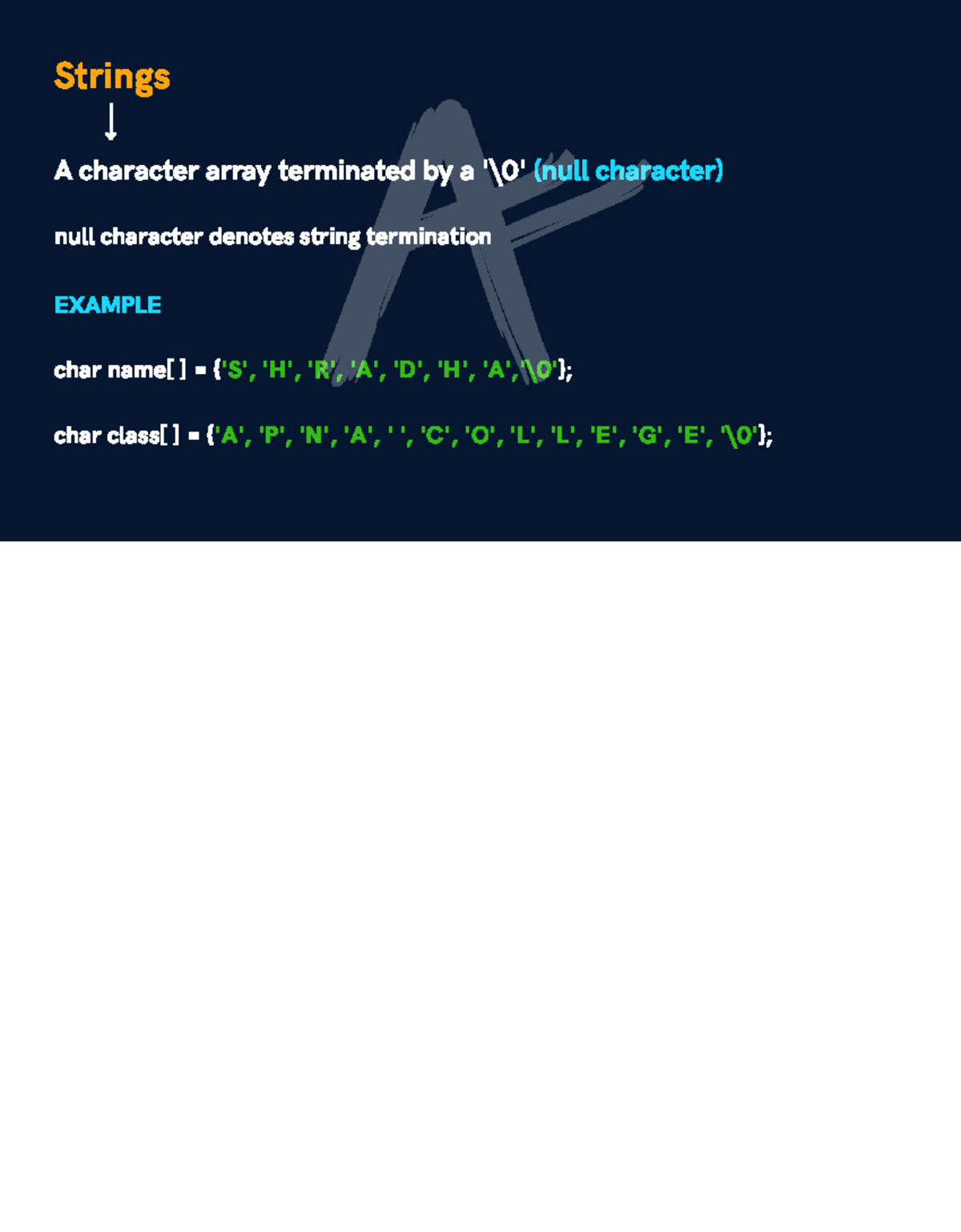 Chapter 4 Notes - Strings A character array terminated by a '\0' (null ...