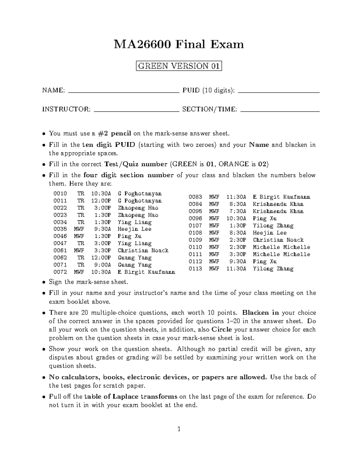 Serve file - past exam - MA26600 Final Exam GREEN VERSION 01 NAME: PUID ...