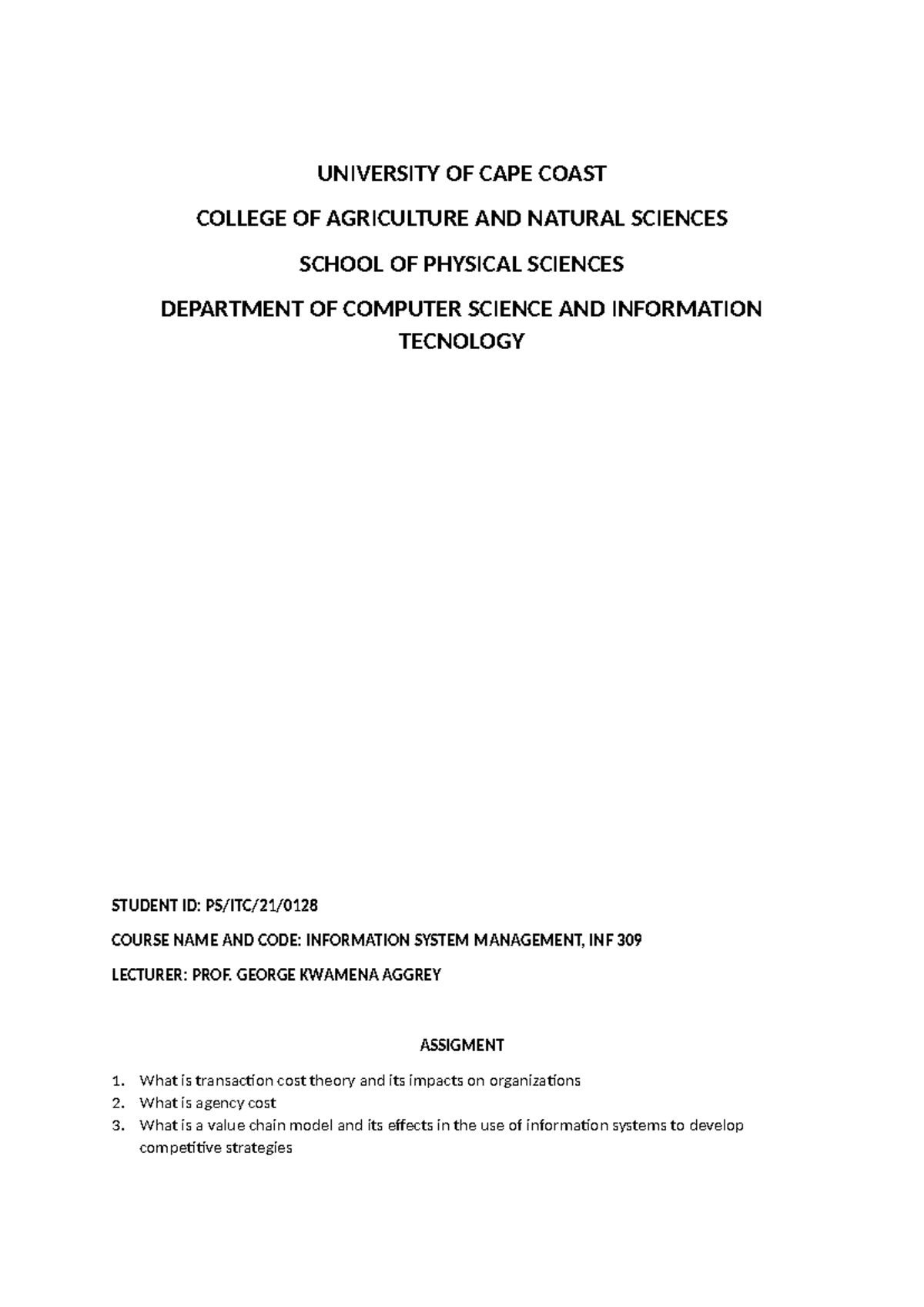 University OF CAPE Coast assignment - UNIVERSITY OF CAPE COAST COLLEGE ...