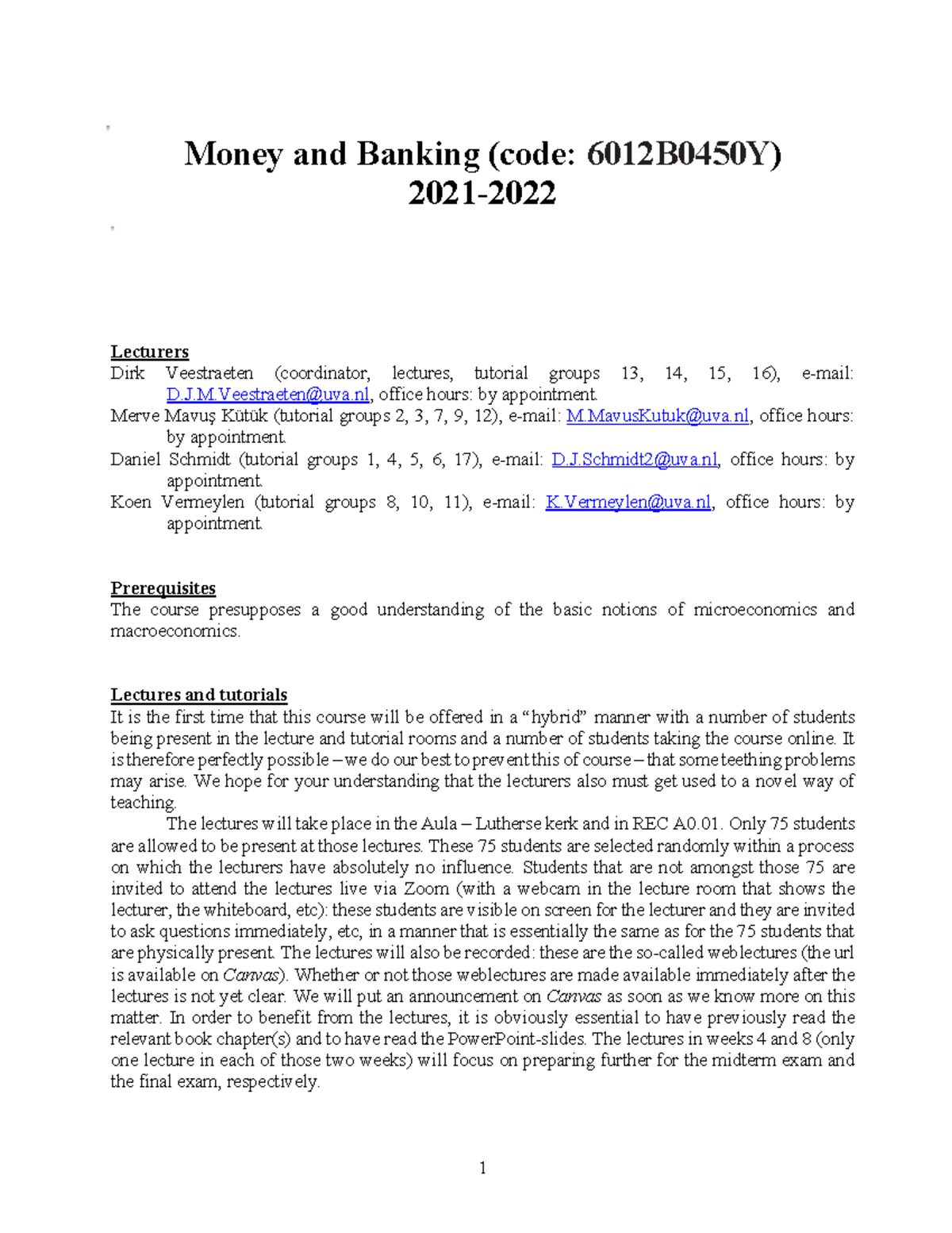 Money and Banking MB Syllabus 202120221 UvA Studeersnel