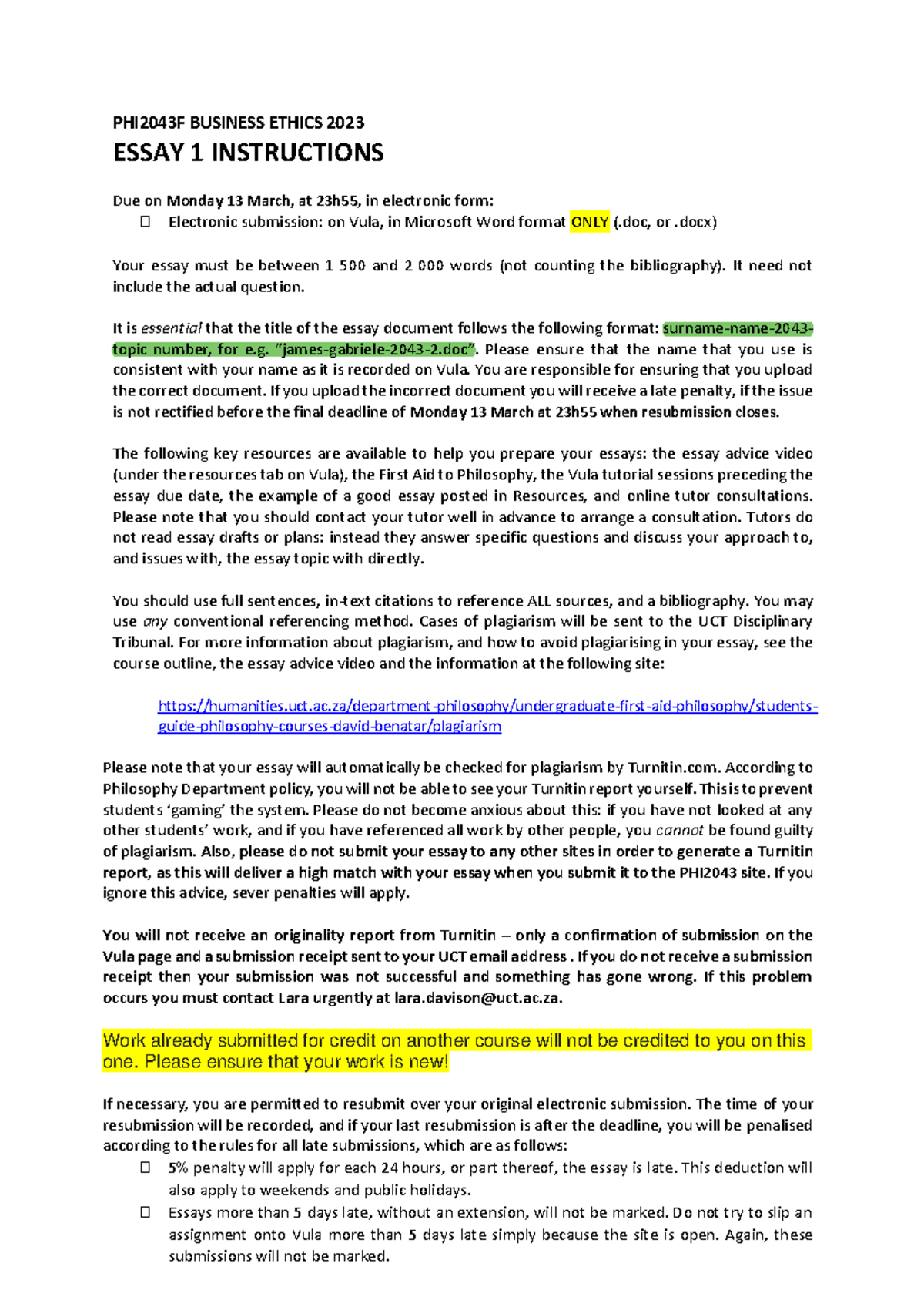 PHI2043F - 2023 - Essay 1 instructions - v2 - PHI2043F BUSINESS ETHICS ...