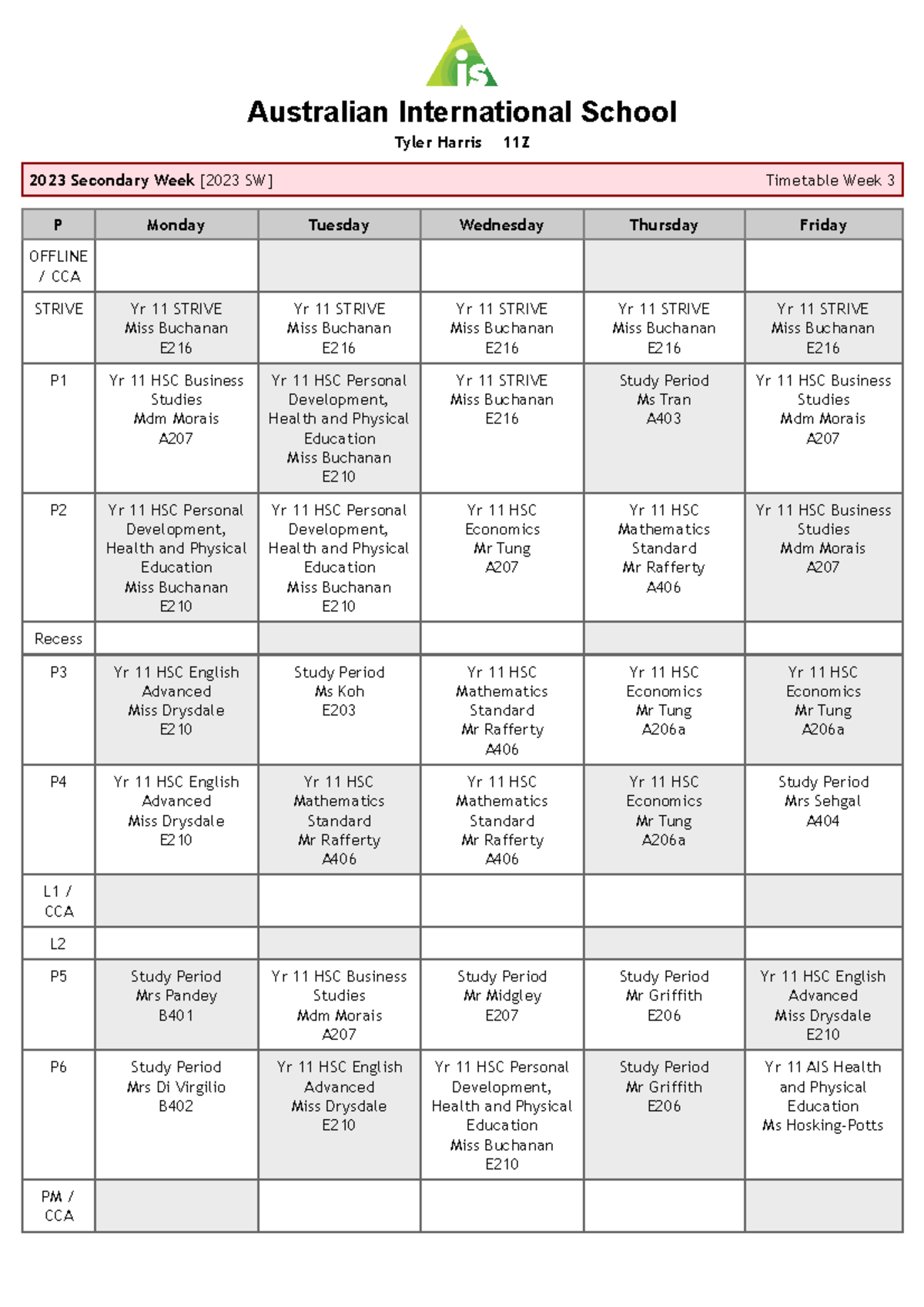 School Timetable - emfefeeefe - Australian International School Tyler  Harris 11Z 2023 Secondary Week - Studocu