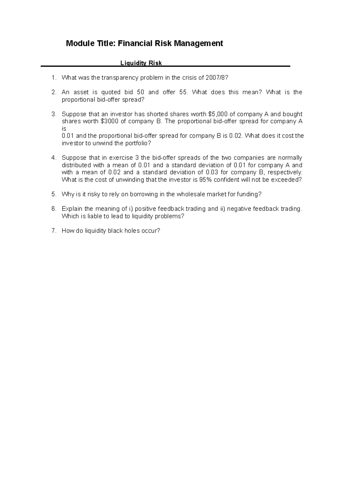 Workshop Liquidity Risk Questions - Module Title: Financial Risk ...