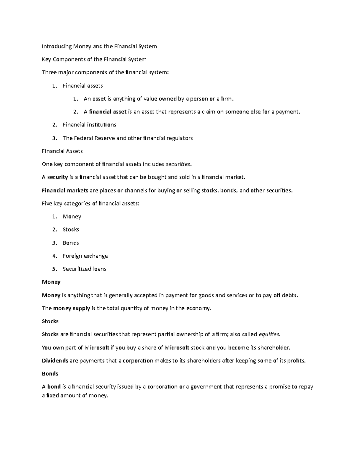 ECON 2035 Chapter 1 - Introducing Money and the Financial System Key ...