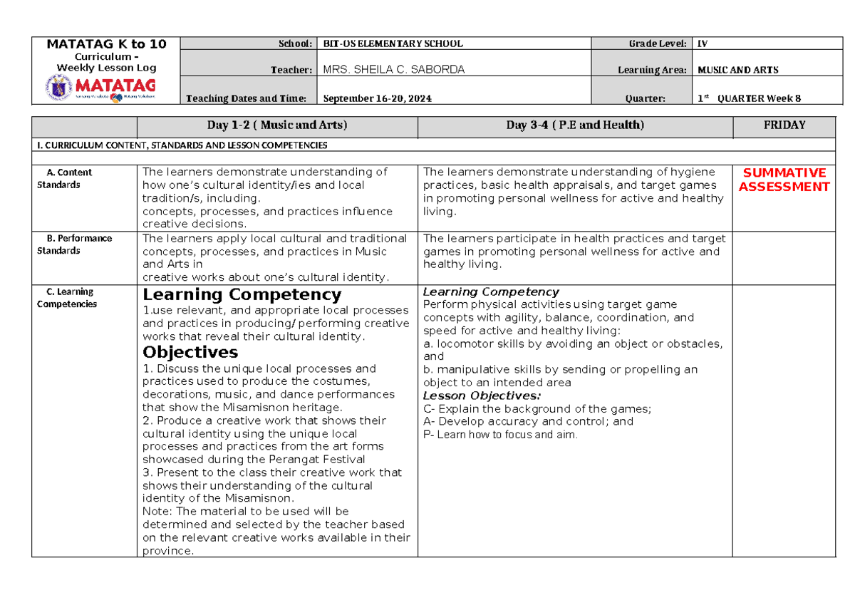 DLL Mapeh 4 Q1 W8 Final - sample only - MATATAG K to 10 Curriculum ...