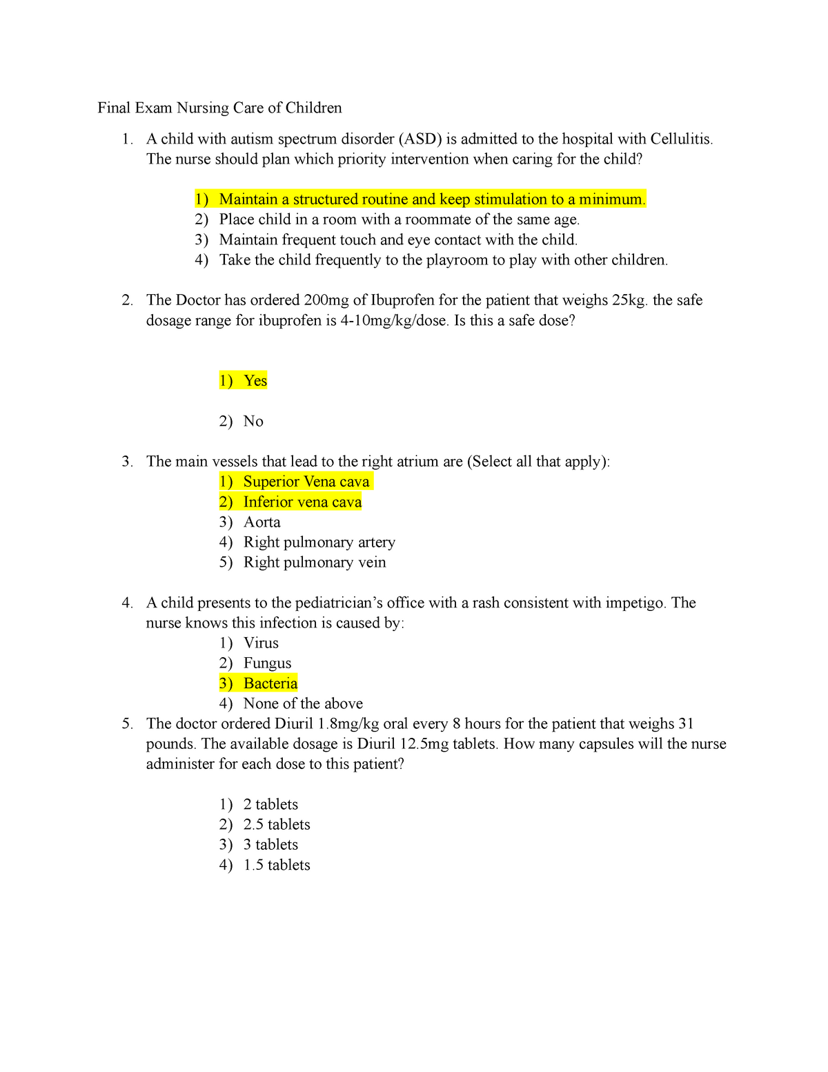 Final Exam PEDs - Final Exam Nursing Care of Children A child with Sns-Brigh10