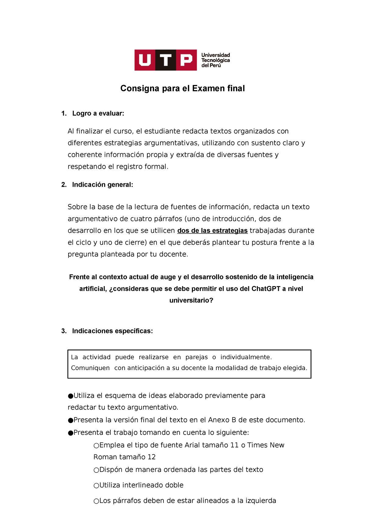 Examen Final- Redaccion - Consigna Para El Examen Final 1. Logro A ...