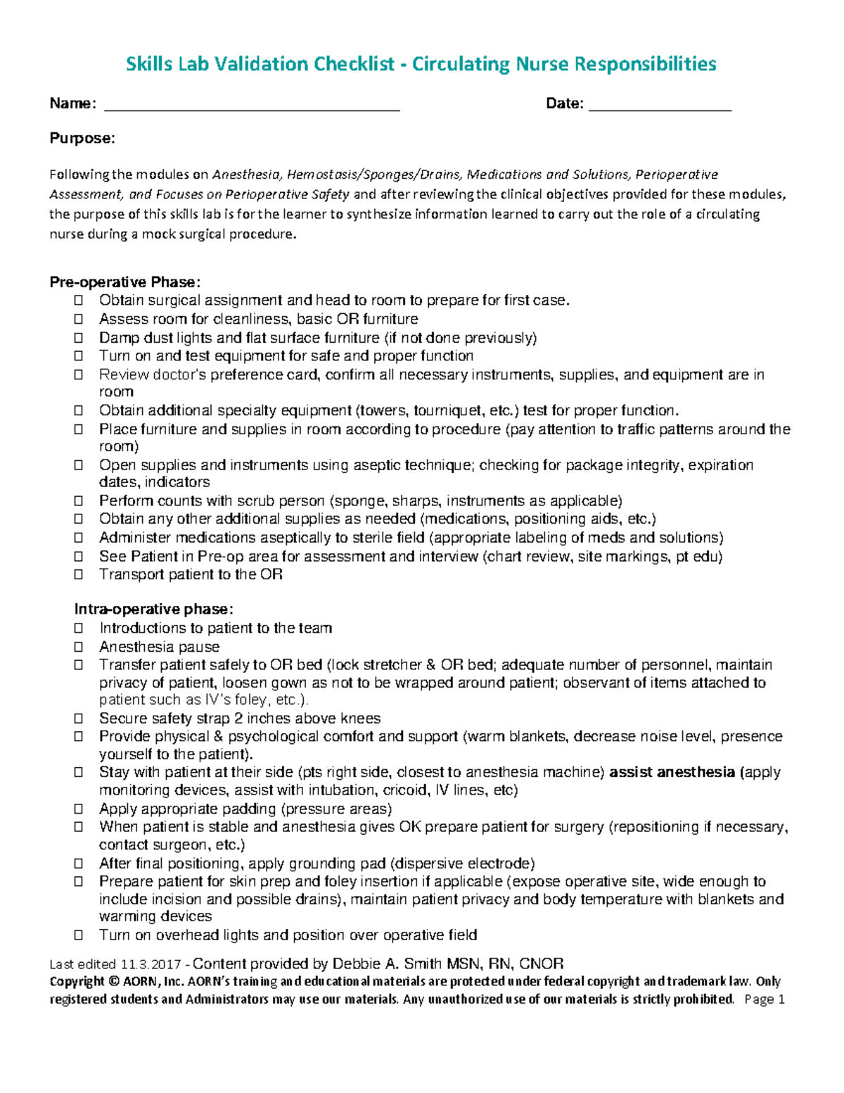 AORN Skills Checklist this is just practice material for the AORN