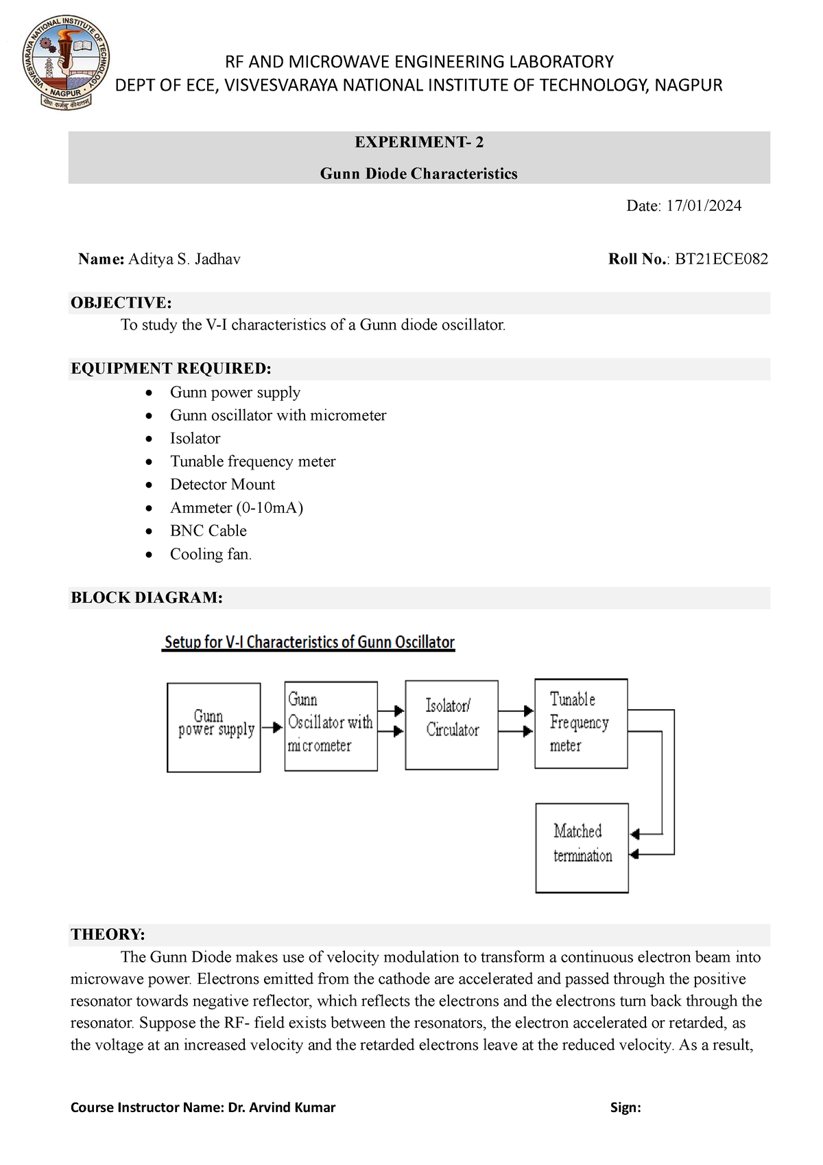 BT21ECE082 EXP-2 RF LAB - DEPT OF ECE, VISVESVARAYA NATIONAL INSTITUTE ...