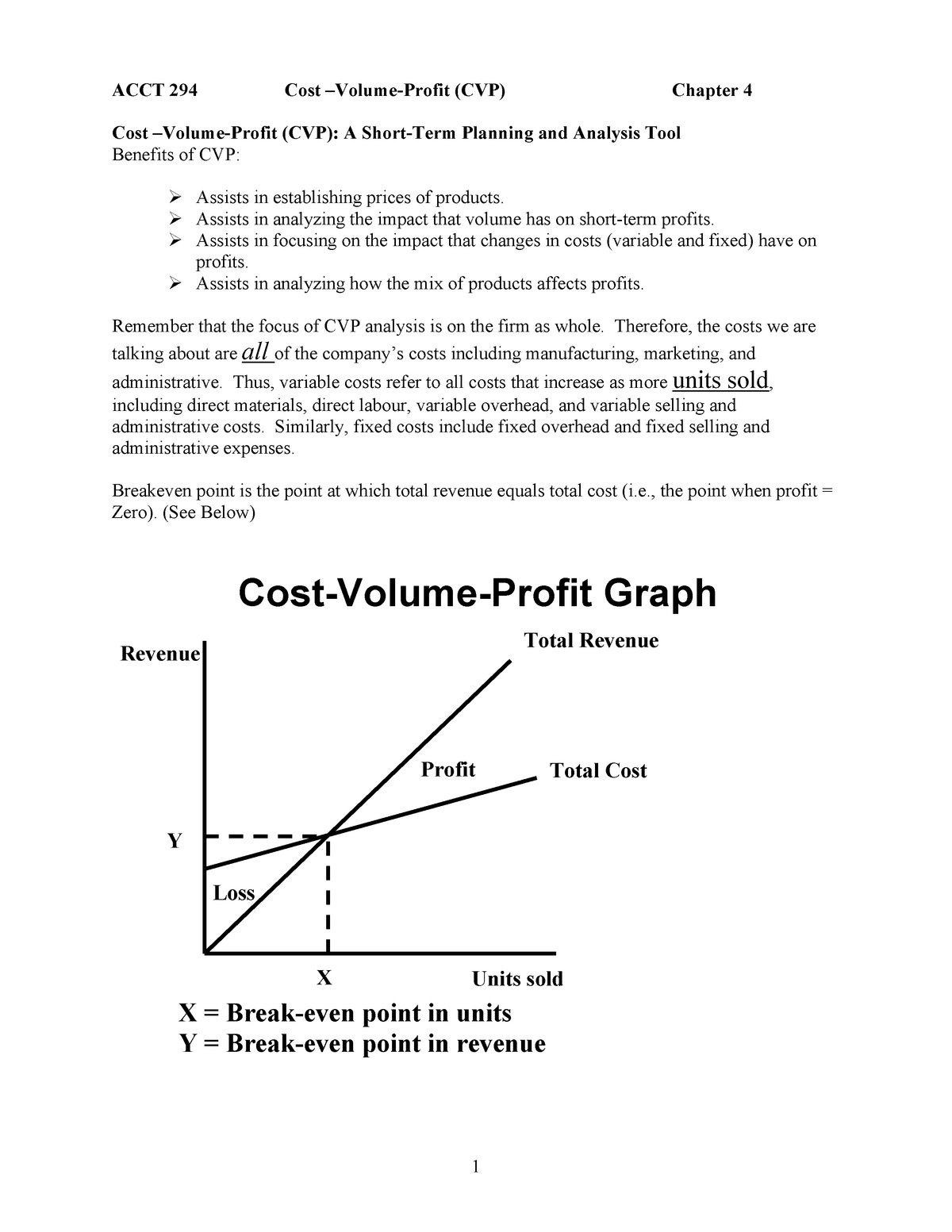 Chapter 4 Notes Acct 294 Cost Volume Profit Cvp Chapter 4 Cost Volume Profit Cvp A 4707