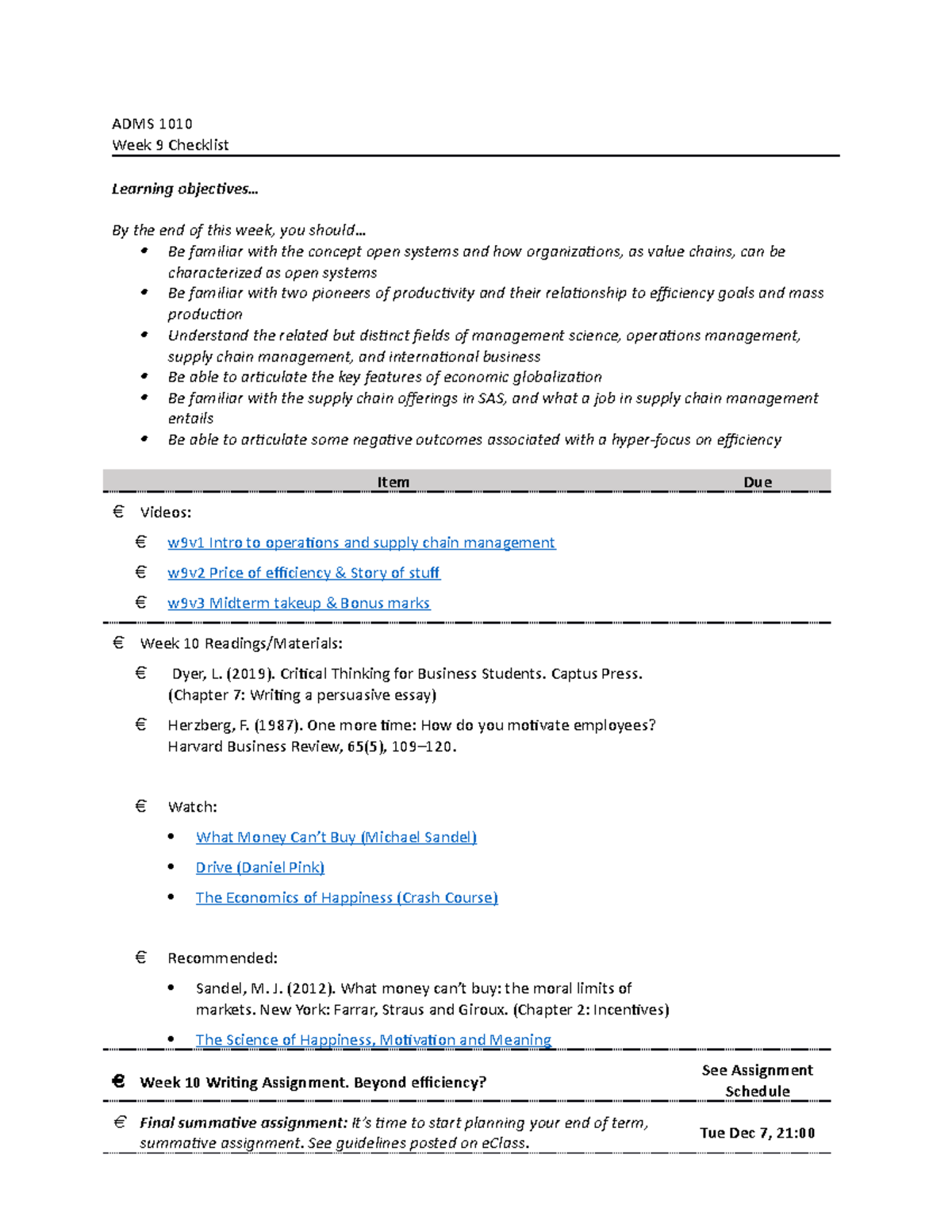 Checklist. Week 9 - ADMS 1010 Week 9 Checklist Learning objectives ...