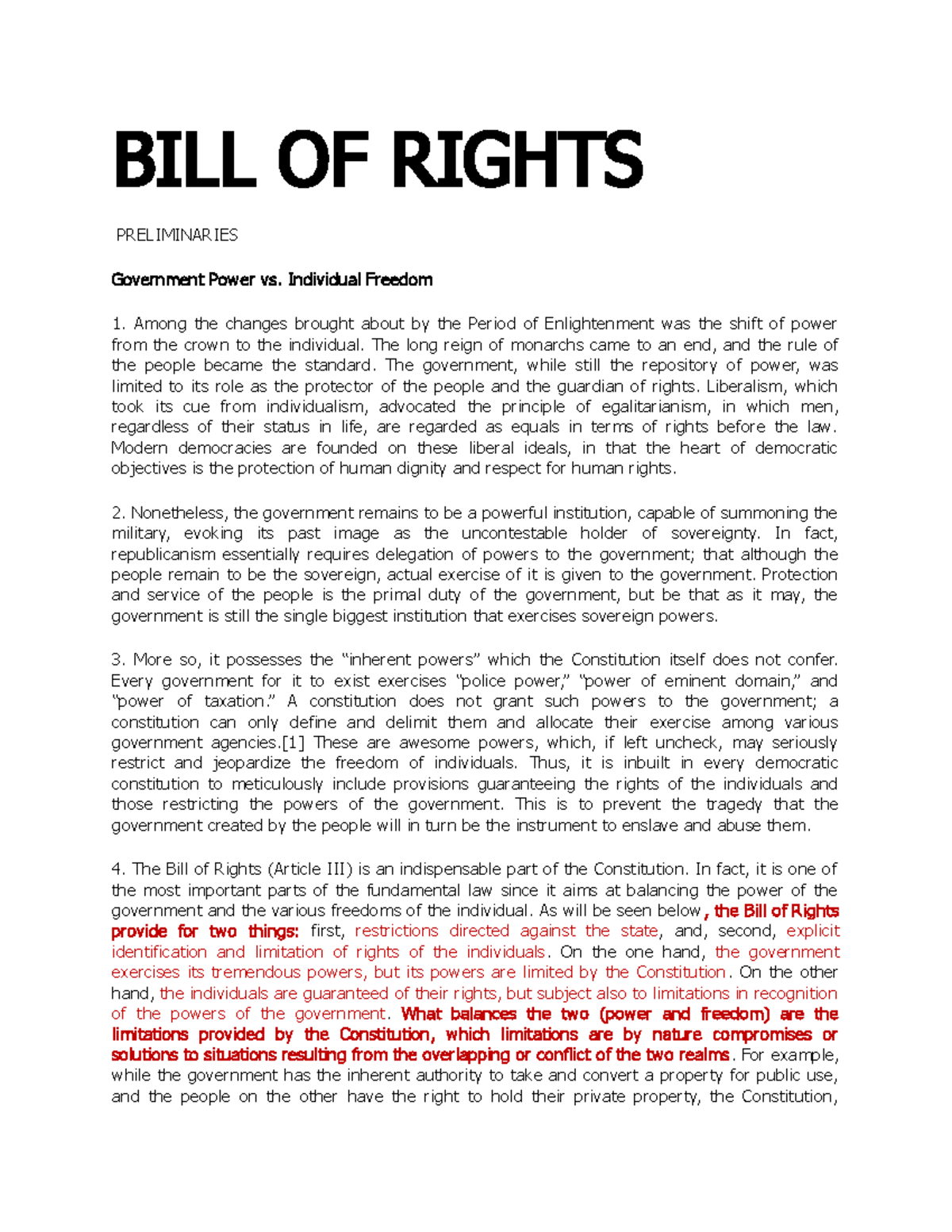 Notes BILL OF Rights - BILL OF RIGHTS PRELIMINARIES Government Power vs ...