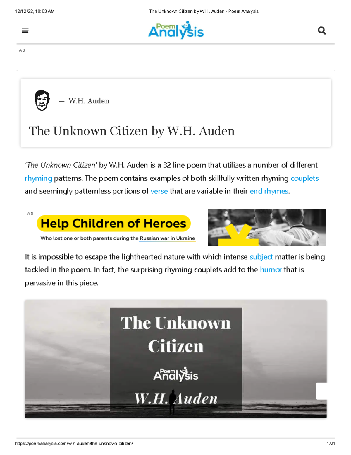 2- The Unknown Citizen by . Auden - — The Unknown Citizen by W. Auden 'The  Unknown Citizen' by W. - Studocu