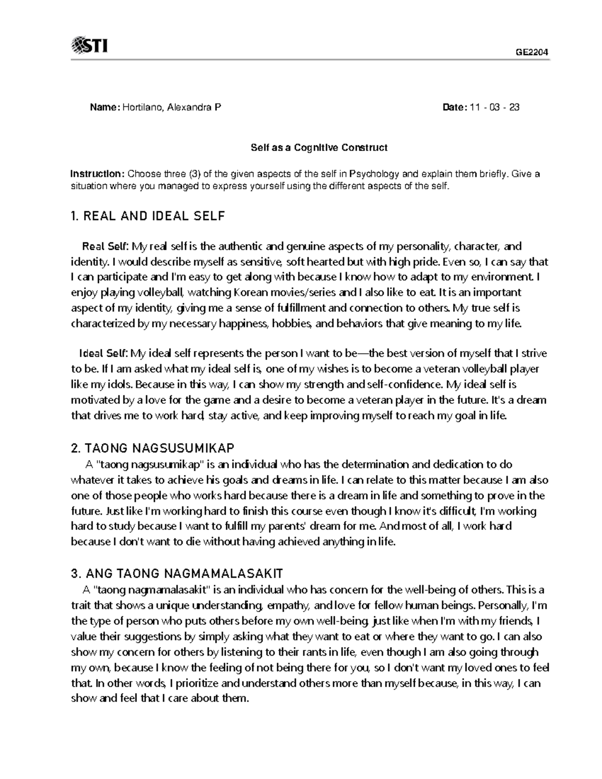 Understanding the self - Name: Hortilano, Alexandra P Date: 11 - 03 ...