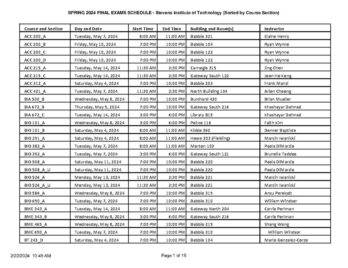 Spring 2024 final exam schedule course ordered 02 Course and Section