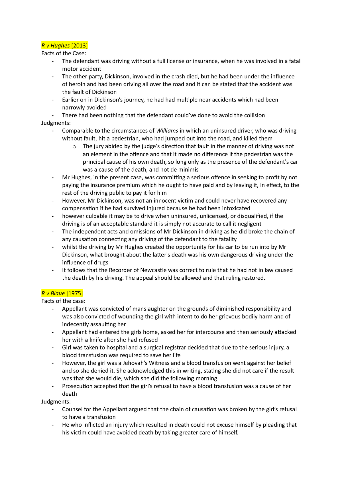 Criminal Law cases seminar 1 - R v Hughes [2013] Facts of the Case ...