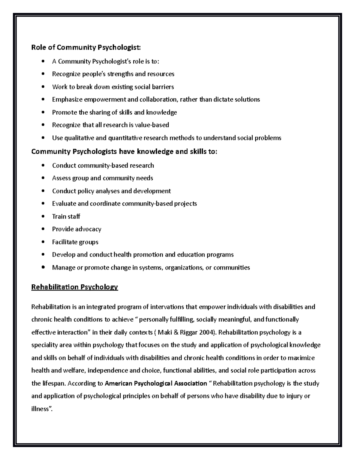 Rehabilitation Psychology Role of Community Psychologist A Community