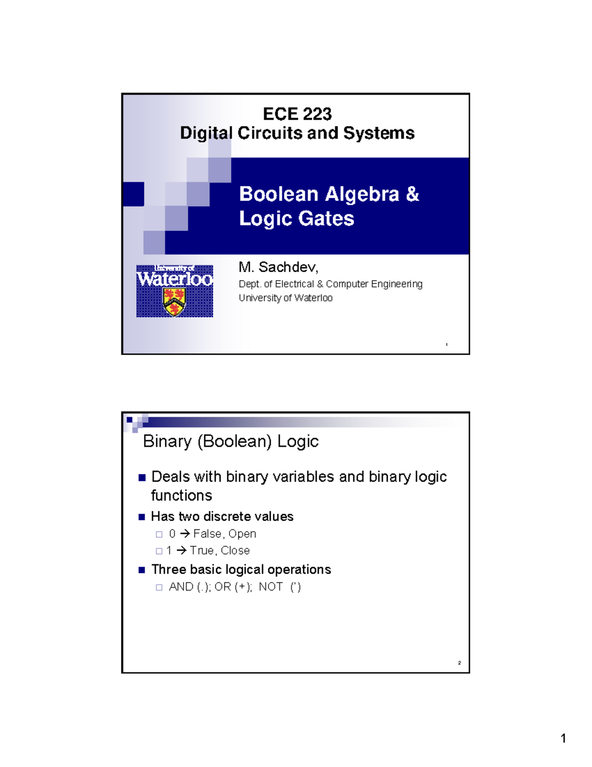 Electronic Boolean Algebra - 1 Boolean Algebra & Logic Gates M. Sachdev ...