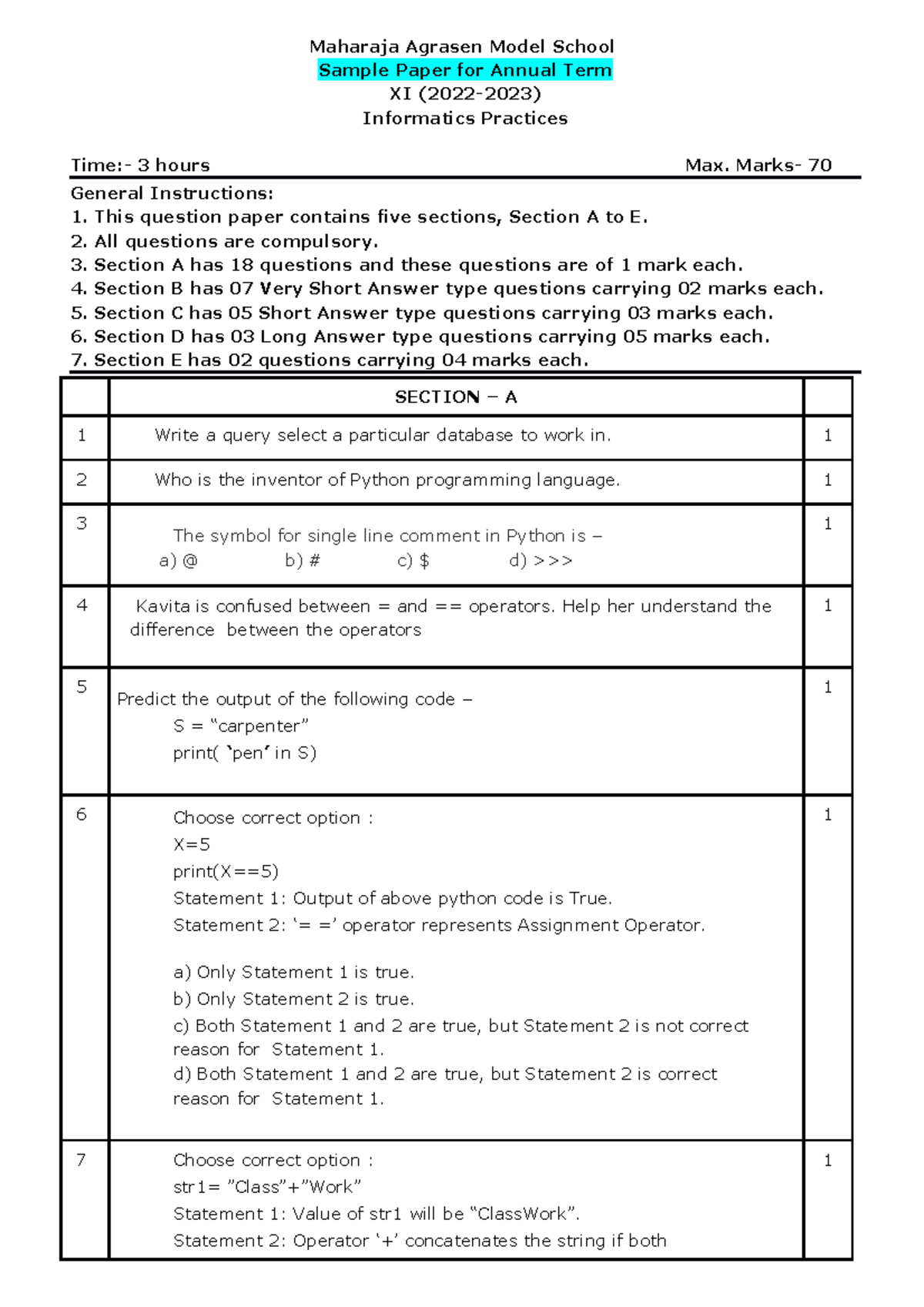 XI Sample Paper - Maharaja Agrasen Model School Sample Paper For Annual ...