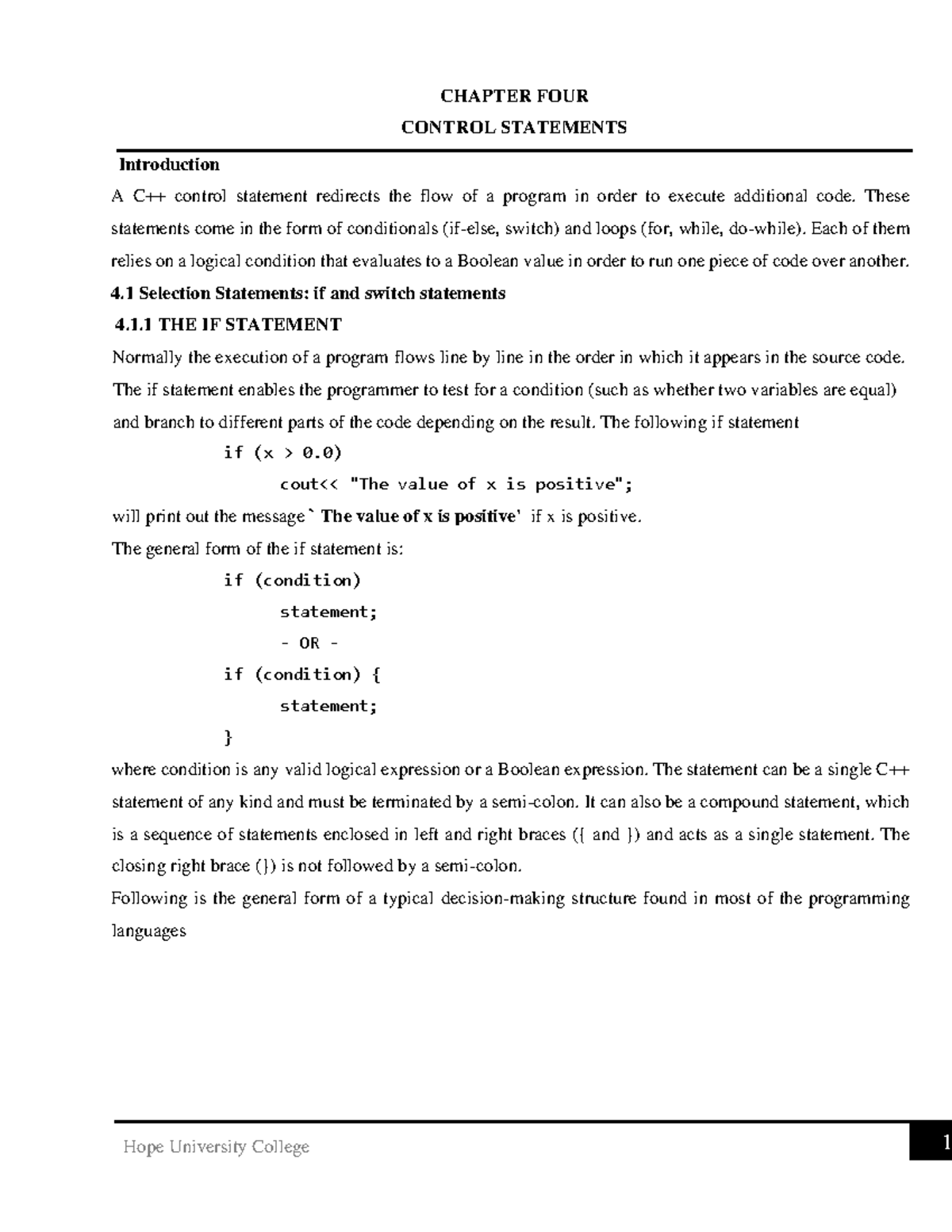 Basic Programming Chapter Four Handout - CHAPTER FOUR CONTROL ...