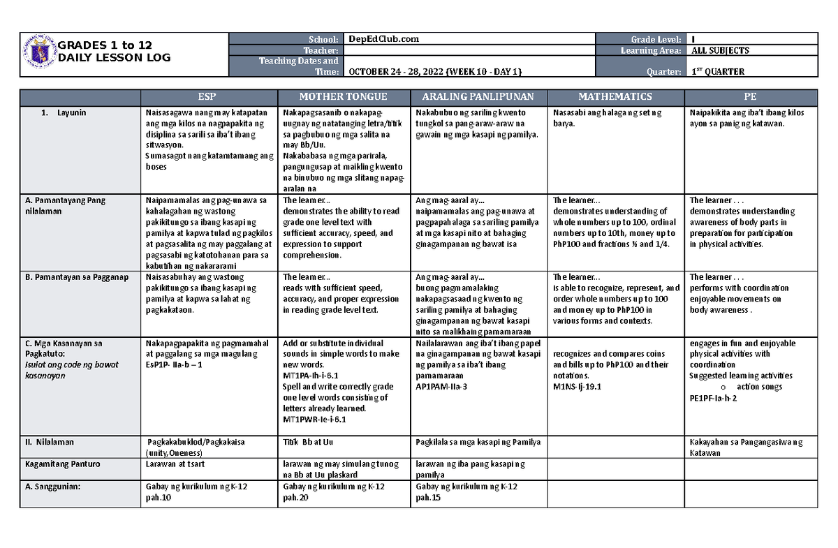 DLL ALL Subjects 1 Q1 W10 D1 - GRADES 1 to 12 DAILY LESSON LOG School ...