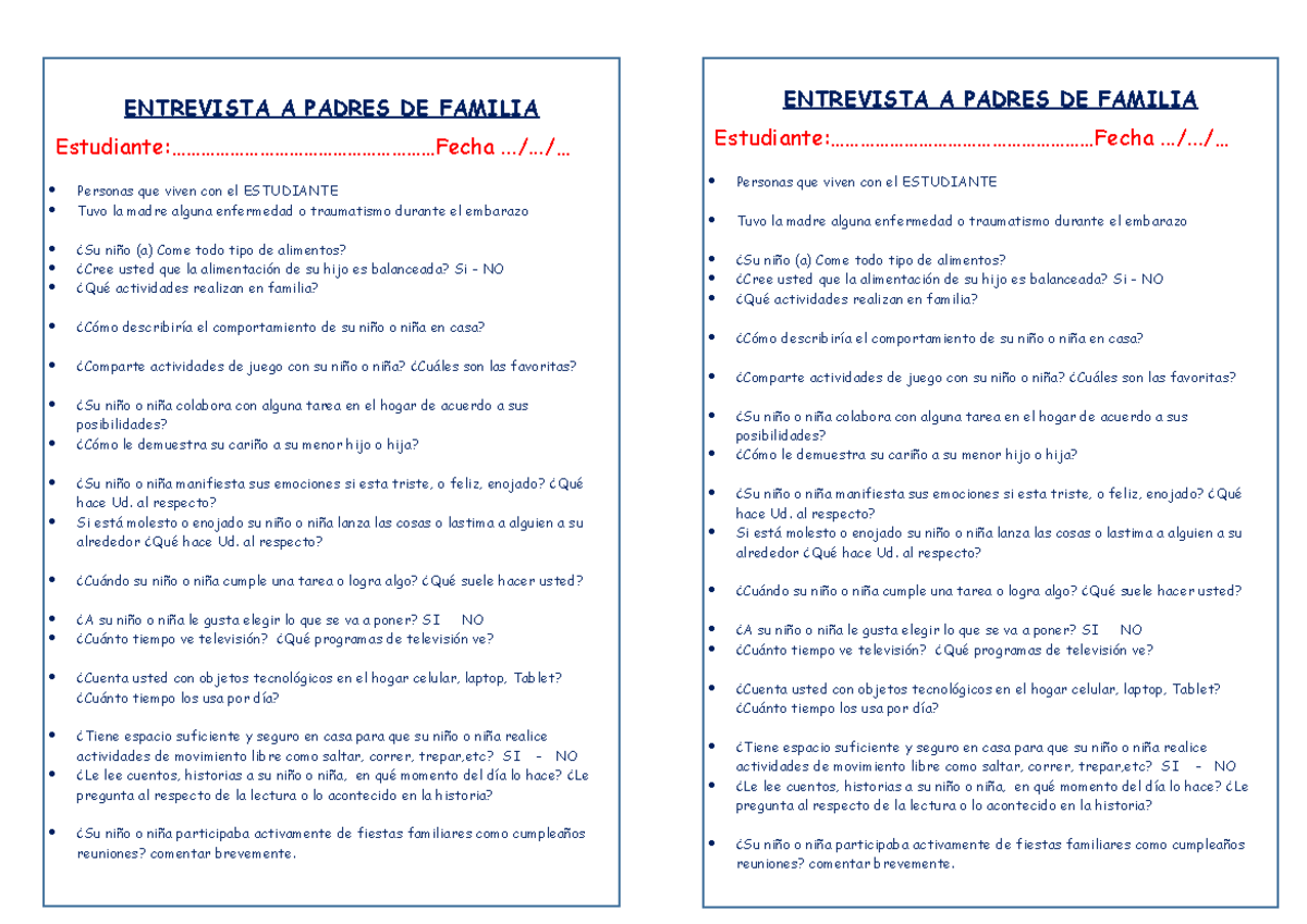 Preguntas PARA LA Entrevista - ENTREVISTA A PADRES DE FAMILIA - Studocu