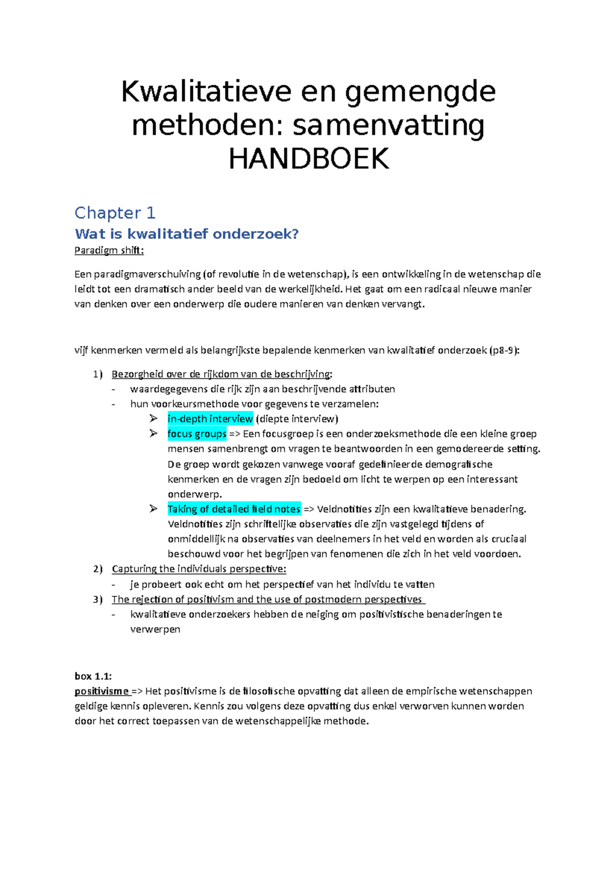 Chapter 1 Samenvattig Handboek - Kwalitatieve En Gemengde Methoden ...