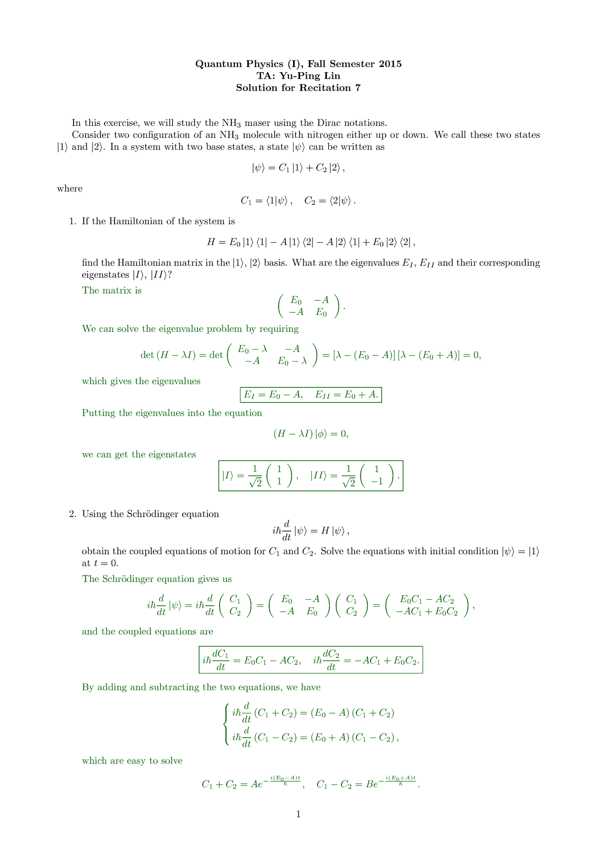 Quantum Physics (I), Fall Semester 2015 Solution for Recitation 7 ...