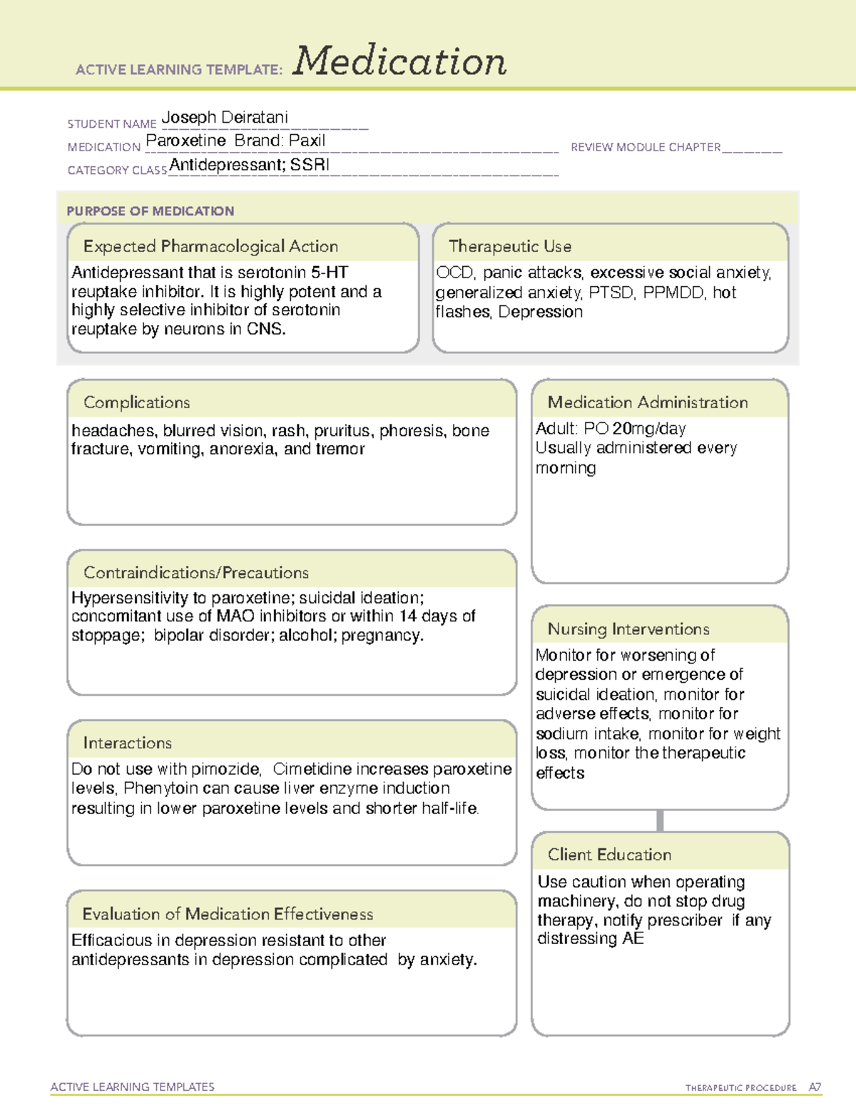 Paroxetine. Med Card final - ACTIVE LEARNING TEMPLATES THERAPEUTIC ...